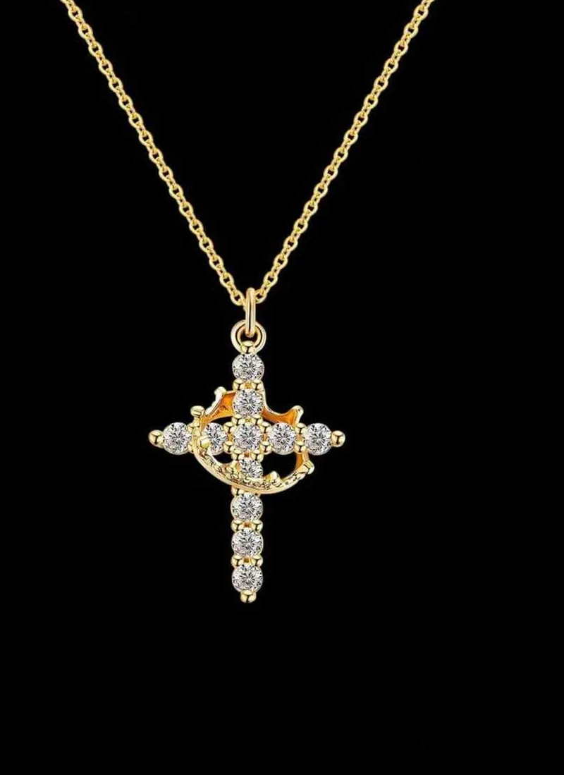 Authentic Mother's Day Gifts For Mom Upgraded Crown Cross Necklace For Women 14K Gold Plated Crown Cross Pendant Necklace Simple Diamond G