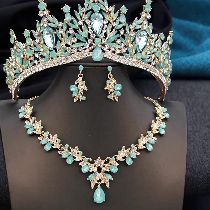 Authentic Royal Queen 3 Pcs Tiaras and necklace earrings for Bridal Jewelry Sets Women Brides Wedding Crown Prom Birthday Accessories