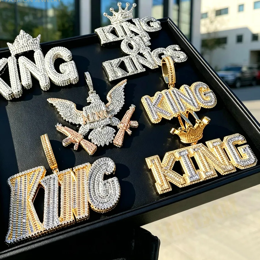 Authentic Iced Out King Necklace for Men, Prong Setting Cubic Zirconia, Gold Color Crown Letters Pendant, Hip Hop Jewelry