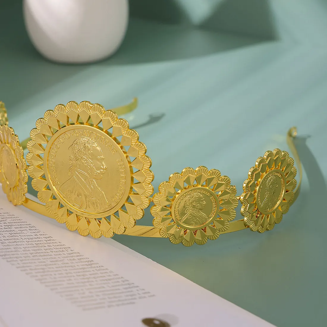 Authentic Gold-Plated Lady  Napoleon Tiara Round Coins Desig For Traditional Arab Boliday Long Dress Bridal Crown Jewelry