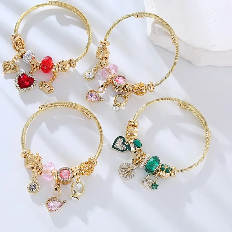 Authentic Luxury Inlay Crystal Stereo Hollow Heart Flower Crown Pendant Adjustable Bracelets for Women Fashion Gold Color Bangle Jewelry