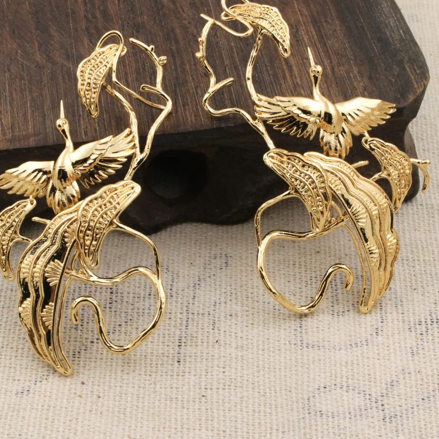 Authentic 3pair 65x39mm Quality Brass Casted Red-Crowned Crane Pine Tree Leaf Branch Stamping Decoration Findings DIY Jewelry Accessories