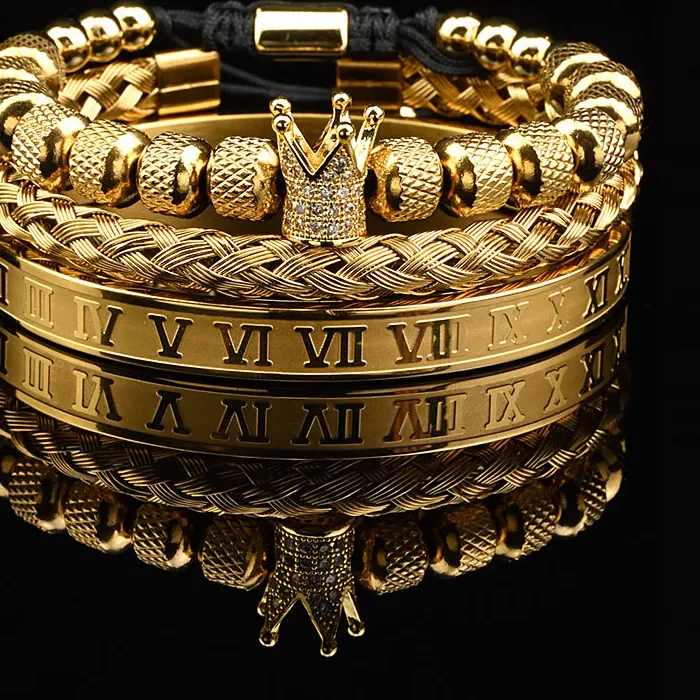 Authentic 3Pcs Luxury Set Crown Charms Man Bracelet Roman Gold Women Bangles Hand Jewelry Valentine's Day Gift Creative Bracelet