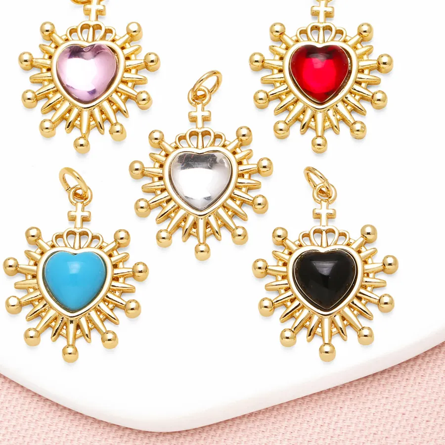 Authentic OCESRIO Multicolor Crystal Heart Pendant for Necklace Copper Gold Plated Cross Crown Sunshine Jewelry Making Component pdta554