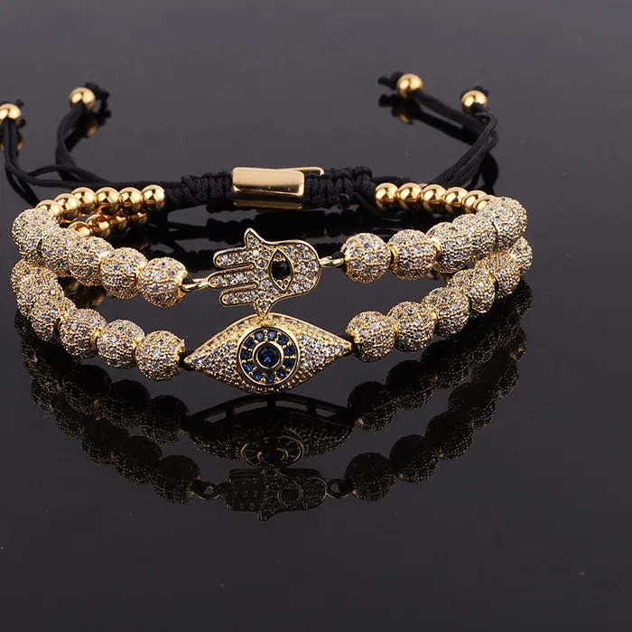 Authentic New Design Luxury Men Jewelry Gold Plated CZ Pave Eye Hand Charm Beaded Macrame Bracelet Set Male