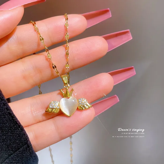 Authentic Stainless Steel Vintage Opal Angel Wing Necklaces for Women Goth Crown Heart Pendant Choker Chain Necklace Gold Color Jewelry
