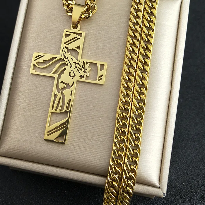 Authentic Punk Crown of Thorns Jesus Cross Pendant Necklace Stainless Steel Gold Color Crucifix Male Chain Jewelry corrente masculina 8052