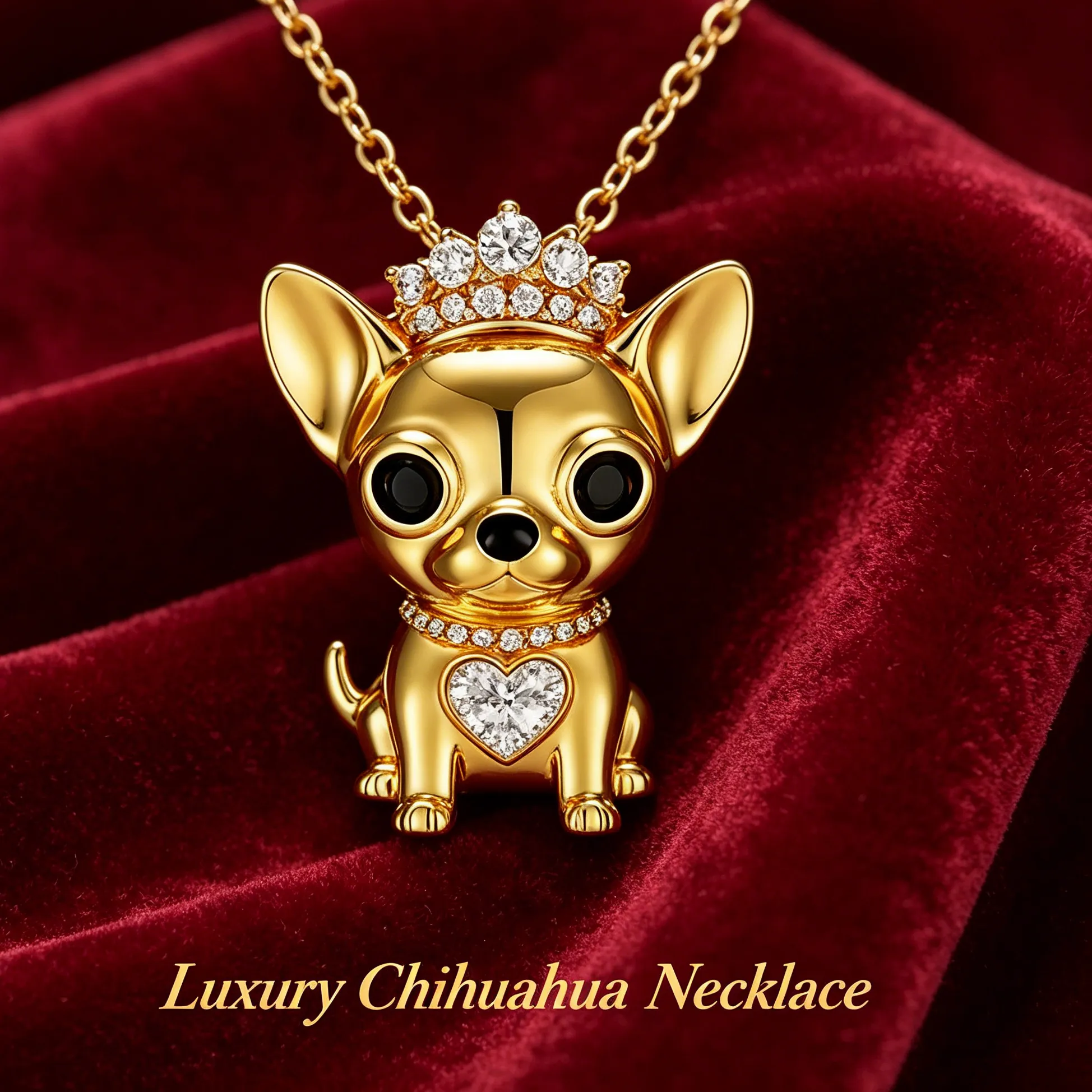 Authentic Sweet Chihuahua Crown Heart Pendant Necklace Gold Tone Sparkling Accent Zinc Alloy Pet Jewelry for Women Dog Lovers Gift