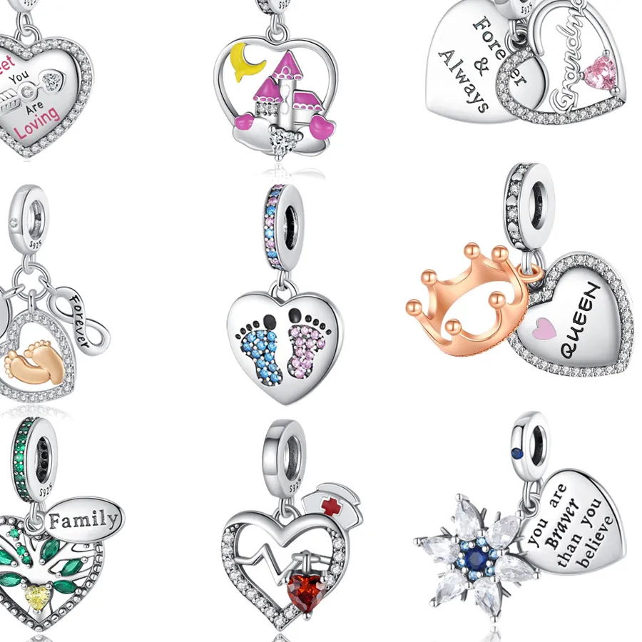 Authentic Silver‑Plated Gold‑Crown Heart Charms Beads Fit Original Bracelets Bag Keychain Charms Beads Pendant Diy Women Jewelry Gift