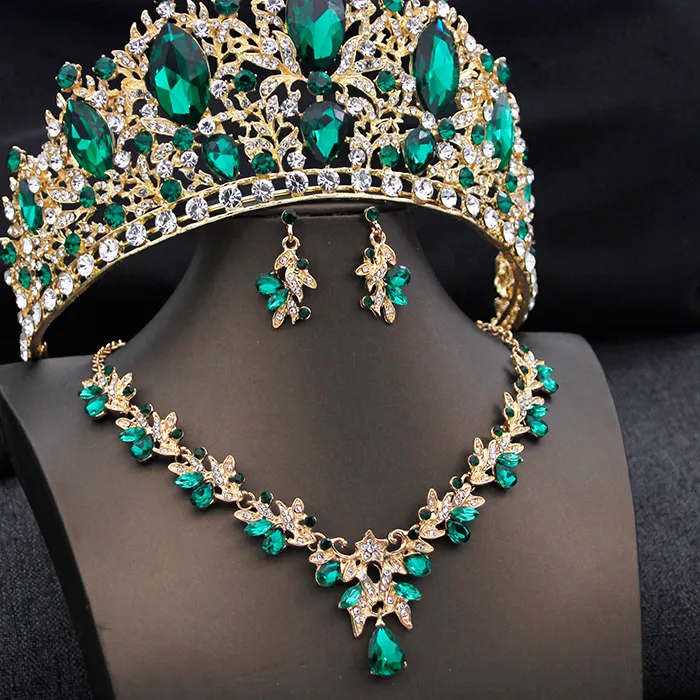 Authentic Bridal Green Tiaras Set Crystal Crown Bridal Jewelry Sets for Women Prom Wedding Dress necklace earrings Costume Accessories