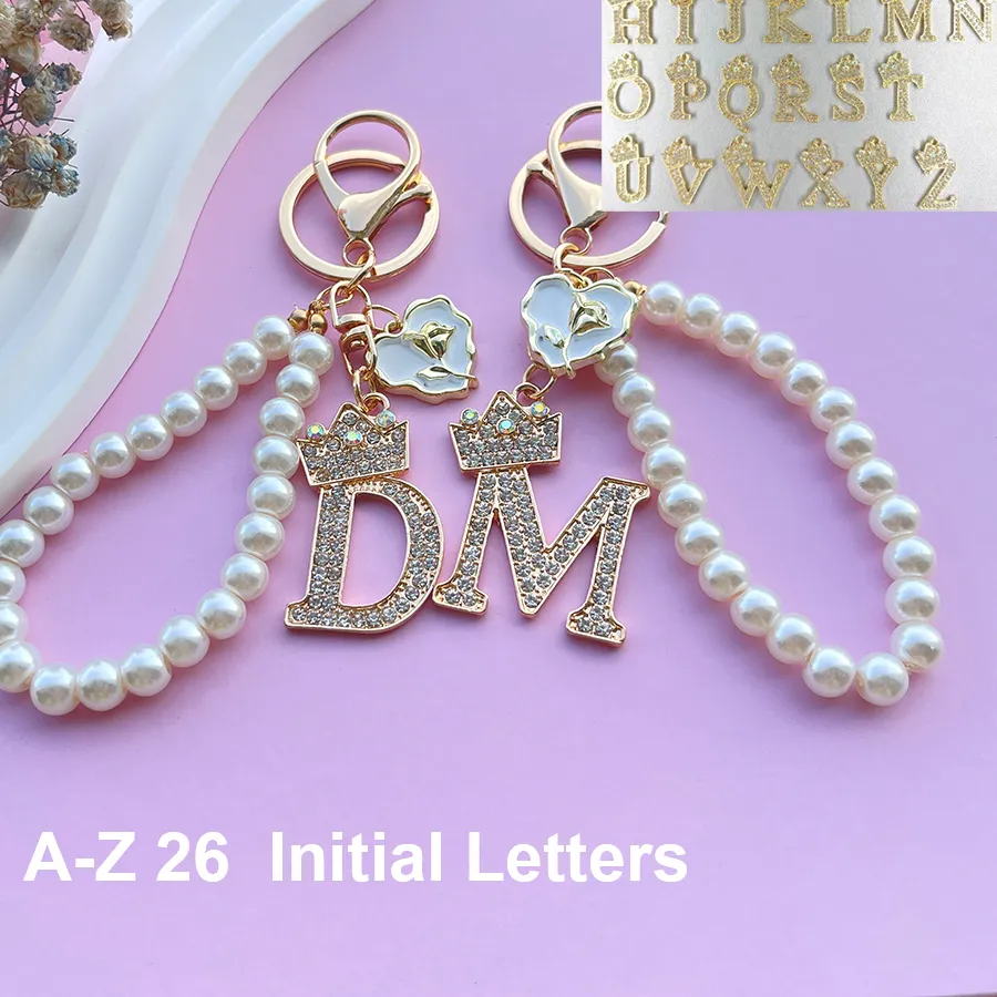 Authentic Luxury Crown A-Z 26 Letters Roses Metal Keyring Crystal Initial Faux Pearl Resin Beaded Keychain Bag Pendant Women Birthday Gift