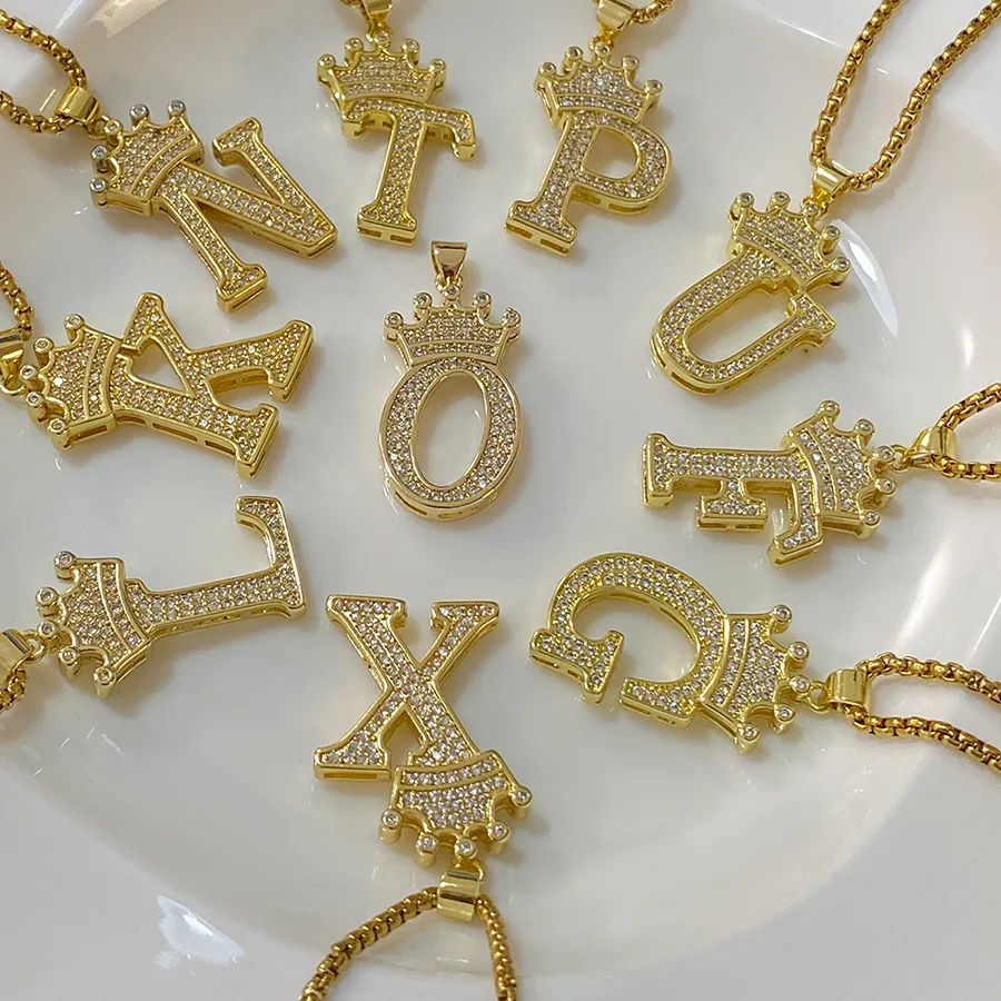 Authentic Freetry Punk Inlaid Zircon Crown A-Z Intial Letters Pendant Necklace for Men Vintage Gold Plated Alphabet Necklaces Jewelry Gift