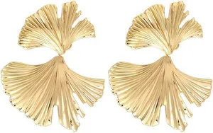 Authentic 14K Gold Plated Flower Earrings for Women,Statement Ginkgo Leaf Earrings,Dainty