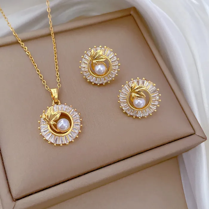 Authentic Luxury Imitation Pearl Leaf Zircon Circle Necklace Stud Earrings for Women Daily Wedding Party Jewelry Set Accessories Gifts