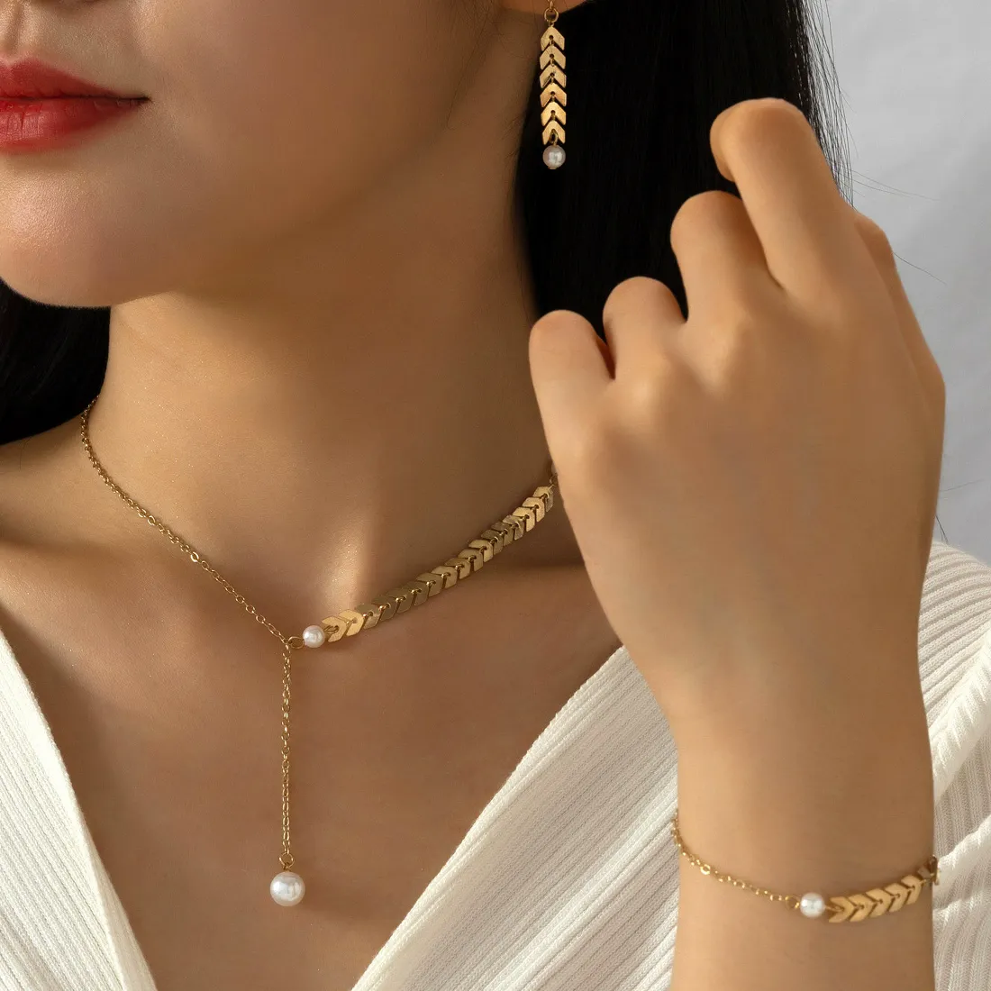 Authentic 3Pcs Jewelry Sets for Women Golden Chain Imitation Pearl Pendant Necklace Metal Leaf Drop Earrings Bracelets Trendy Jewelry Set