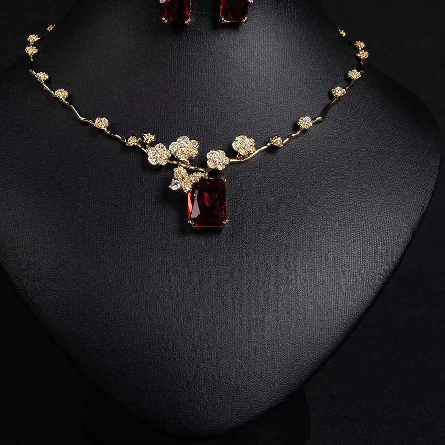 Authentic Fashion Square Cut Cubic Zirconia Leaf Flower Jewelry Set for Women White Gold Color Bridal Wedding Party Necklace S-337