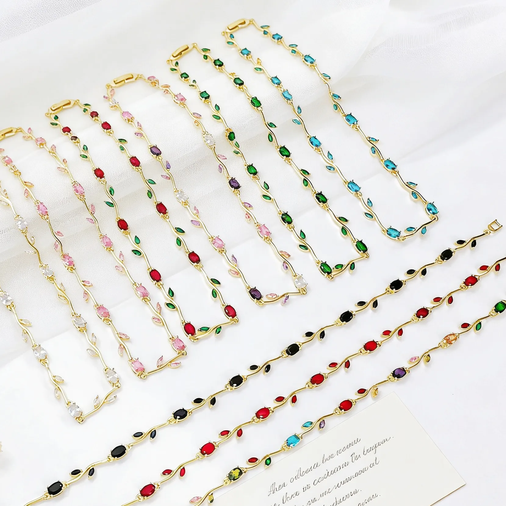 Authentic 14K Gold Plated Colorful Crystal Zircon Leaf Vine Necklace for Women Multicolor Gemstone Flower Necklace Fashion Jewelry Gift
