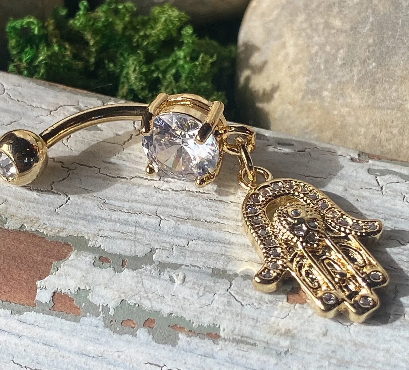 Authentic 14kt Gold Plated Hamsa Belly Ring CZ Gem Paved Dangle Navel Piercing Naval
