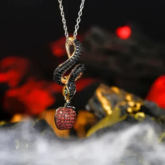 Authentic 1.30Ct Round Lab-Created Red Ruby Snake &Apple Pendant 14K Yellow Gold Plated