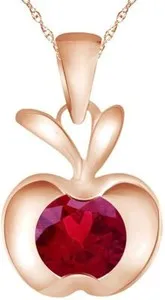 Authentic Round Simulated Ruby Apple Fruit Pendant Necklace in 14K Gold Plated Silver