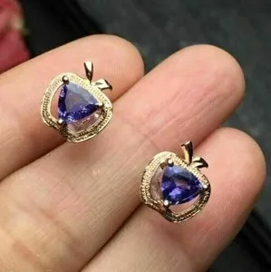Authentic Celestial Apple Wisdom Trillion Simulated Tanzanite Earrings in Radiant 14k Yellow Gold