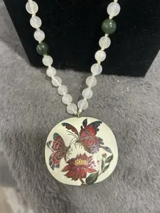 Authentic Vintage Rose Quartz & Jade Bead Cloisonné Butterfly Enamal 29 in gold plated.