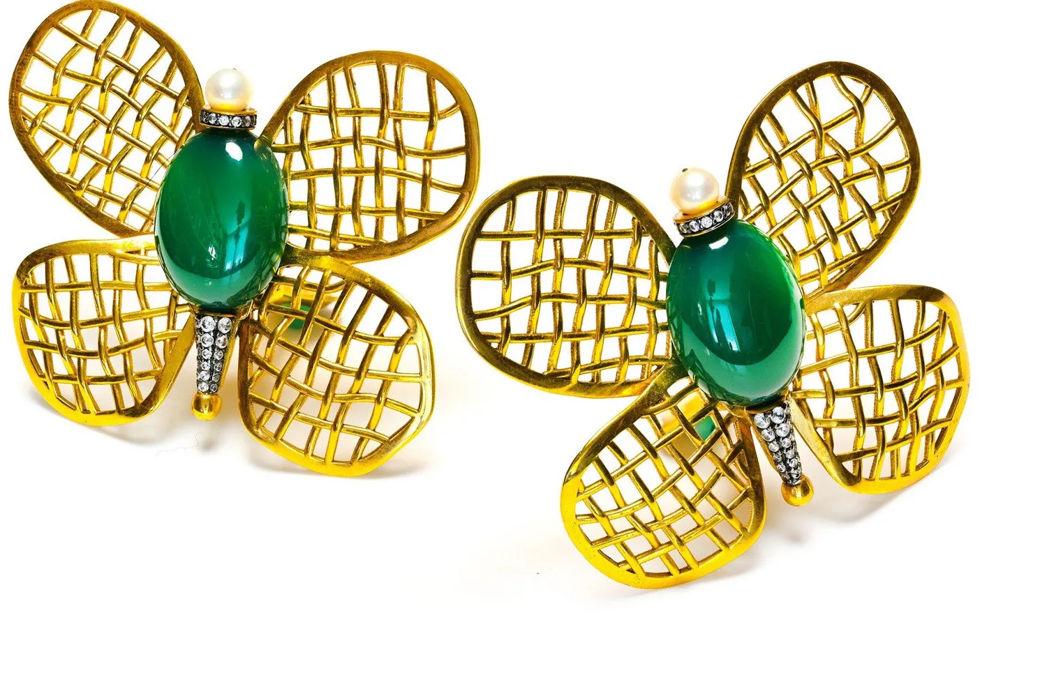 Authentic Begum Khan Gold Plated Pearl Jade Magic Butterfly Earrings