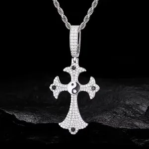 Authentic Sacred Yin-Yang Cross Talisman – 14k White Gold-Plated & Moissanite-Encrusted Sterling Silver Pendant