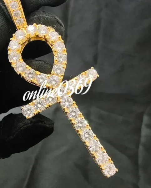 Authentic Men's 2 ct Genuine Moissanite Men's Ankh Cross Pendant Yellow Gold Plated Silver