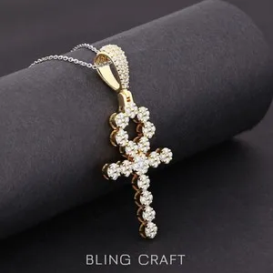 Authentic Men's 1.22ct REAL Moissanite Ankh Cross Pendant Iced 14k Gold Plated 925 Silver