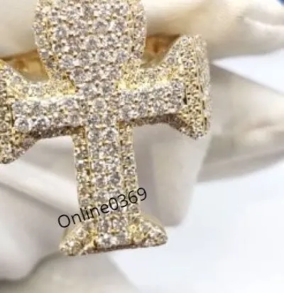 Authentic 1.59ct Genuine Moissanite for Men's 3D Ankh Cross Ring Yellow Gold Plated Silver