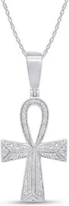 Authentic 1/4ct Natural Diamond Ankh Cross Pendant 18" Necklace  in 925 Sterling Silver