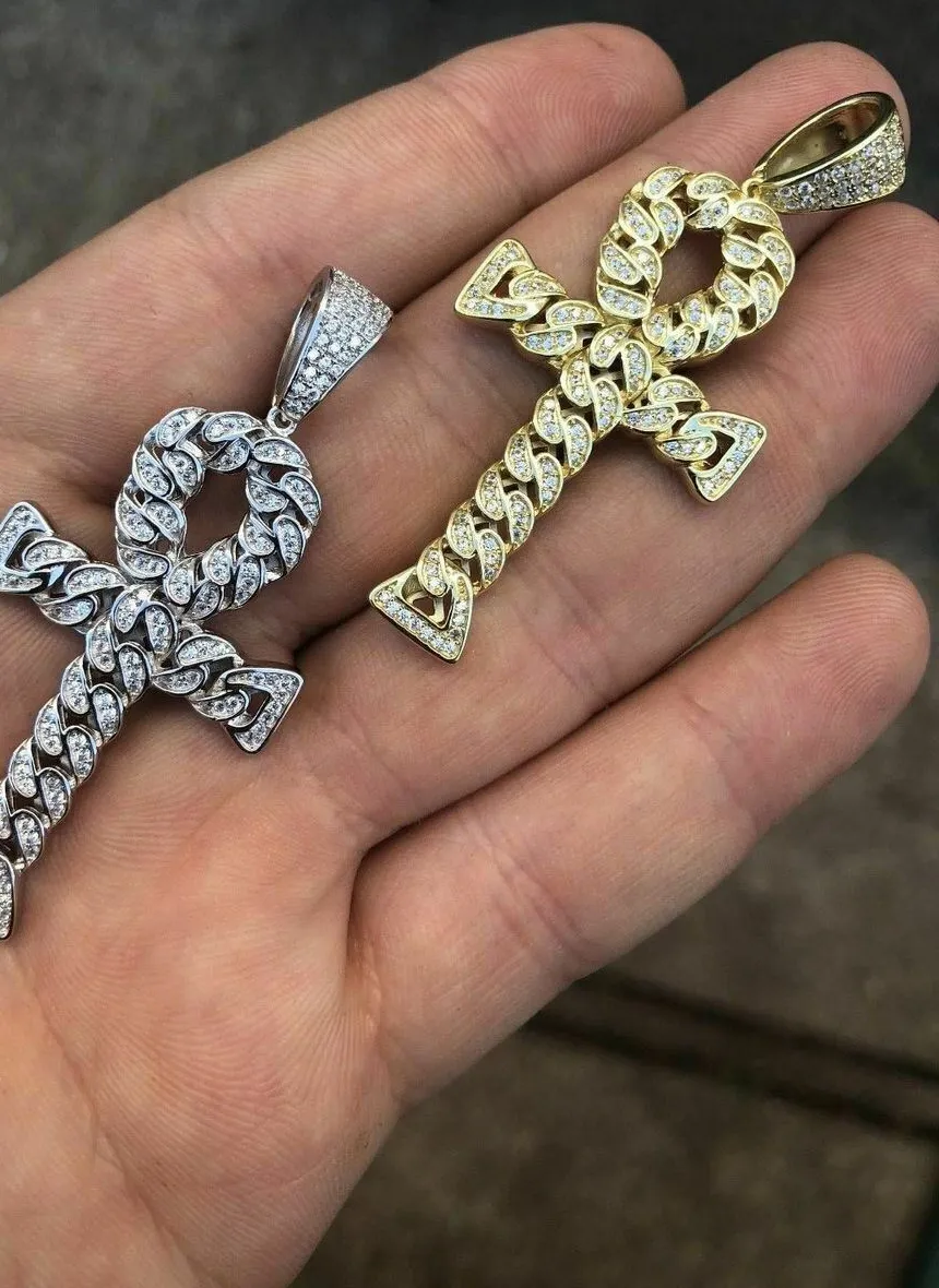 Authentic Ankh Cuban Link Cross 14k Gold Plated Solid 925 Sterling Silver Pendant 1ct CZ