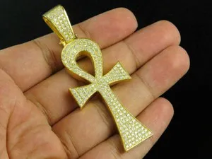 Authentic 2.20Ct Round Cut Simulated Diamond Ankh Cross Pendant 925 Silver Gold Plated