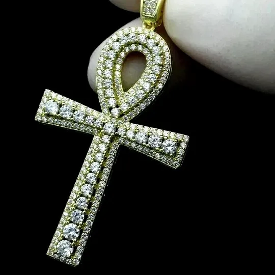 Authentic 2.20 Ct VVS1 Round Cut Moissanite Ankh Cross Pendant 14K Yellow Gold Plated