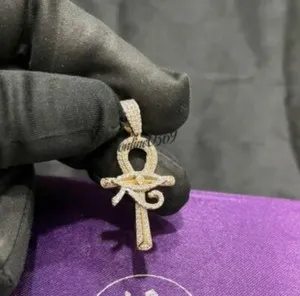 Authentic 0.84 ct s Moissanite Ankh Evil Eye Cross Pendant 14k Yellow Gold Plated Silver