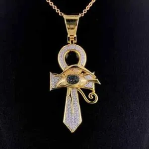 Authentic Ankh Cross Pendant 3Ct Natural Moissanite Round 14K Yellow Gold Plated Silver