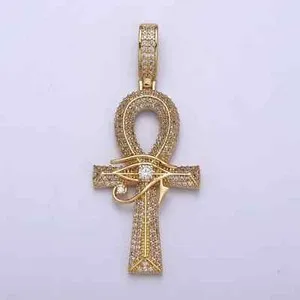 Authentic 2 Ct Round Cut Moissanite Ankh Eye Of Ra Men's Pendant 14K Yellow Gold Plated