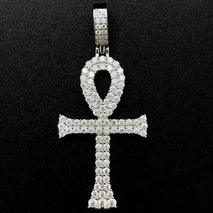 Authentic 14k White Gold Plated 1.90Ct Round Cut Moissanite Ankh Cross Men's Pendant