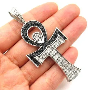 Authentic Ankh Cross Pendant 2.50Ct Round Lab Created Black Diamond 14K White Gold Plated.