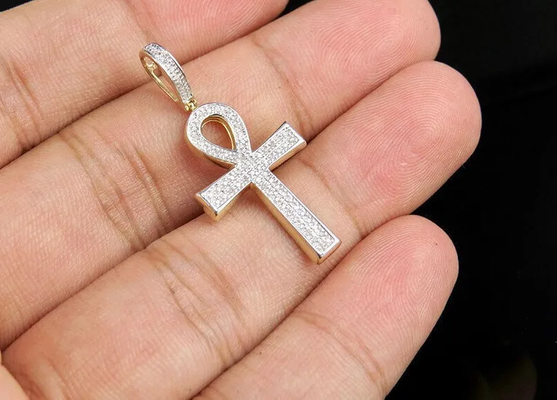 Authentic Unisex 10K Yellow Gold Plated Pave Genuine Diamond Ankh Cross Pendant 1/5ct 1.4"