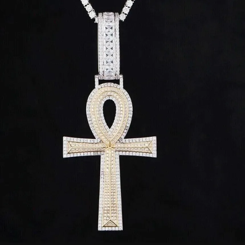 Authentic 2Ct Real Moissanite Ankh Cross Pendant 14K Two Tone Gold Plated 925 Silver