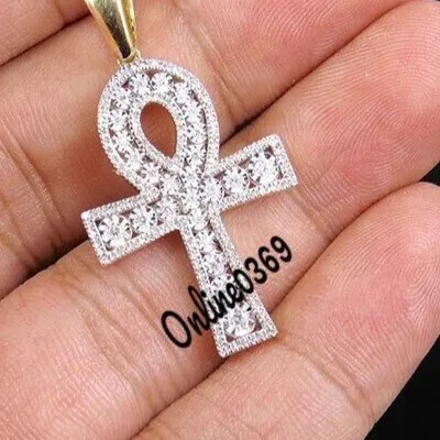 Authentic 2ct Genuine Moissanite men's Ankh Cross Charm Pendant Yellow Gold Plated Silver