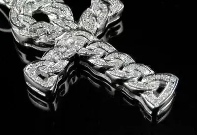 Authentic Genuine 2Ct Moissanite Cuban Link Style Ankh Cross Pendant 14k White Gold Plated