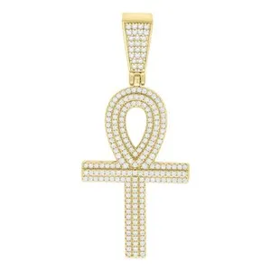 Authentic Yellow Gold Plated Moissanite Religious Charm Tiered Ankh Cross Pendant 1.15 CT