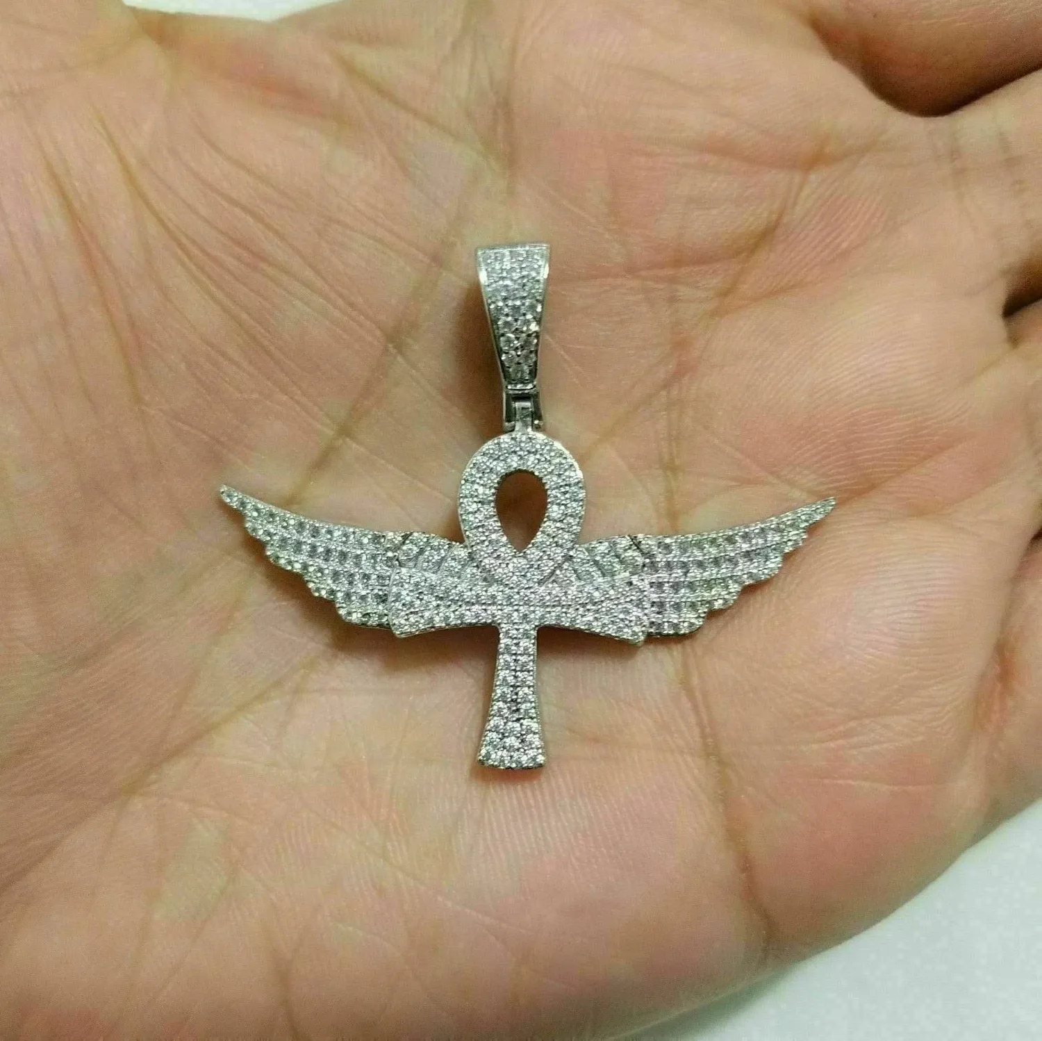 Authentic 14K White Gold Plated 0.98Ct Round Cut Moissanite Flying Ankh Cross Pendant