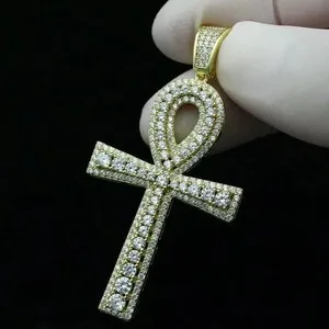 Authentic 2Ct Round Real Moissanite Ankh Cross Pendant Necklaces 14K Yellow Gold Plated