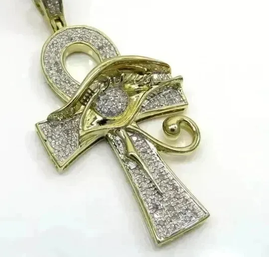 Authentic Ankh Eye Cross 2Ct Round Cut Natural Moissanite Pendant 14K Yellow Gold Plated