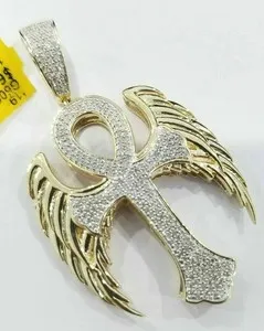 Authentic 2 CT Round Moissanite Ankh Cross Angel Wings Mens Pendant 14K Yellow Gold Plated