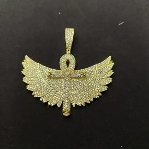 Authentic Real Moissanite 4Ct Round Cut Ankh Cross Wings Pendant 14K Yellow Gold Plated